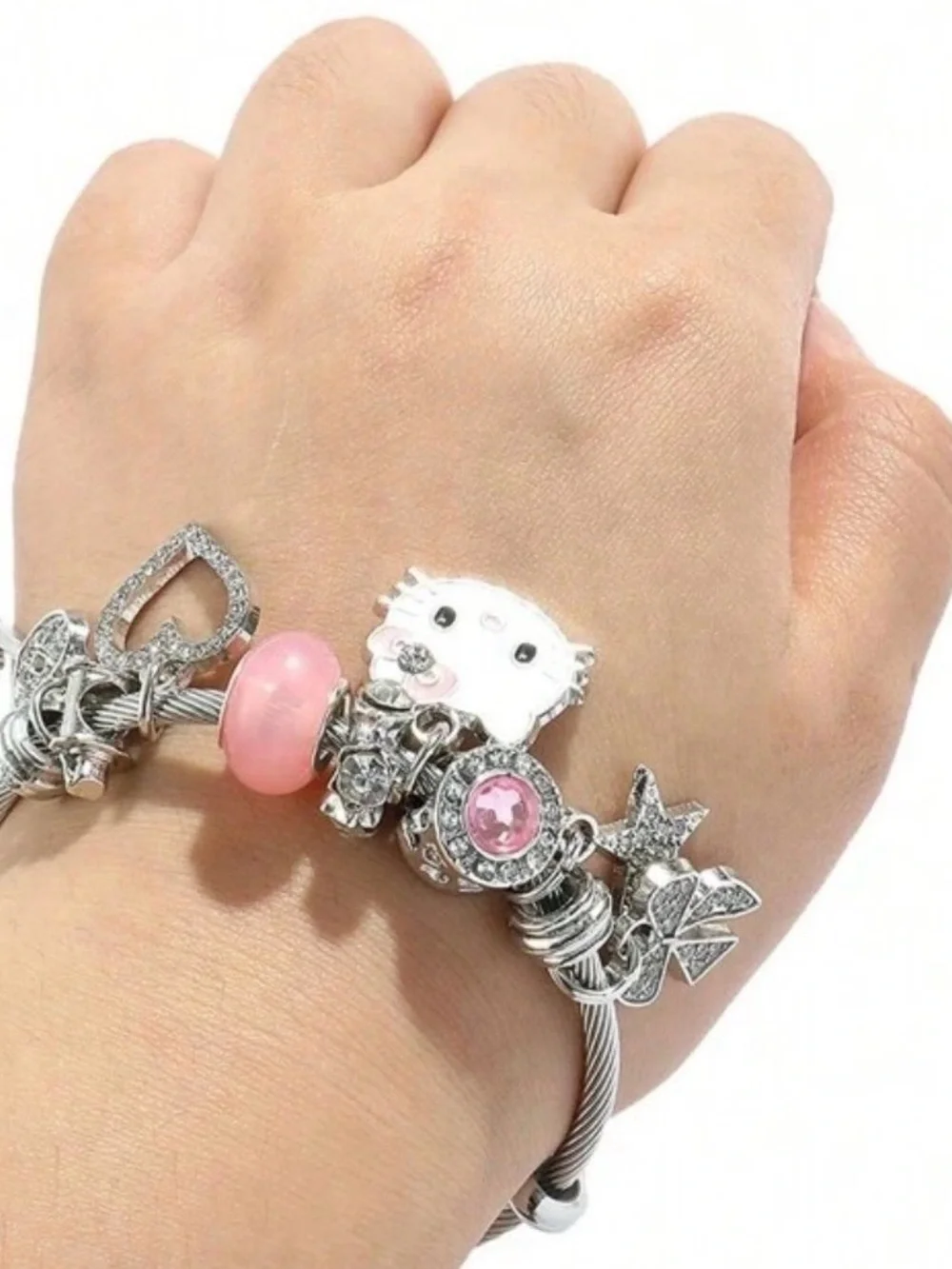 Not Rated Silver-tone Hello Kitty Charm Bracelet with Pink Accents
